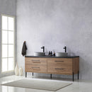 Trento 72" Double Sink-C Bath Vanity in North American Oak with Black Sintered Stone Top Circular Concrete Sink