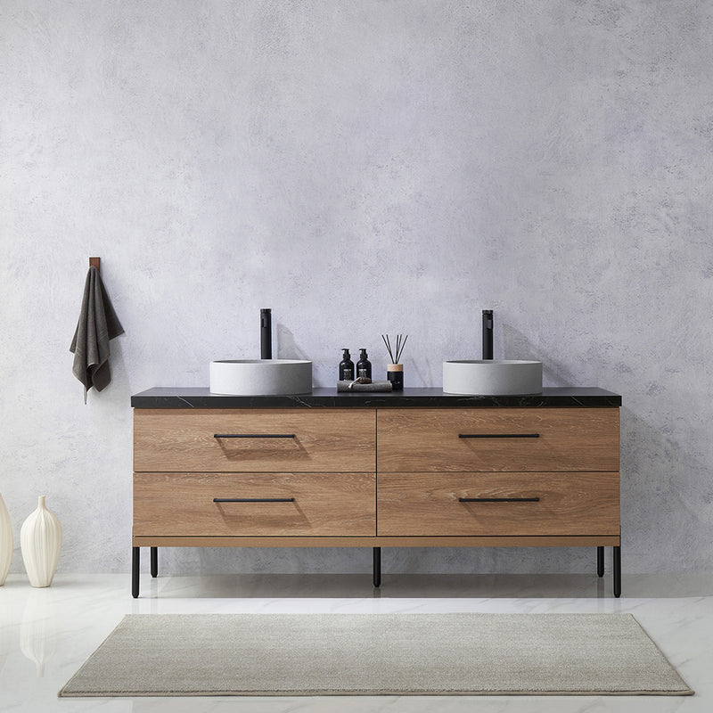 Trento 72" Double Sink-C Bath Vanity in North American Oak with Black Sintered Stone Top Circular Concrete Sink