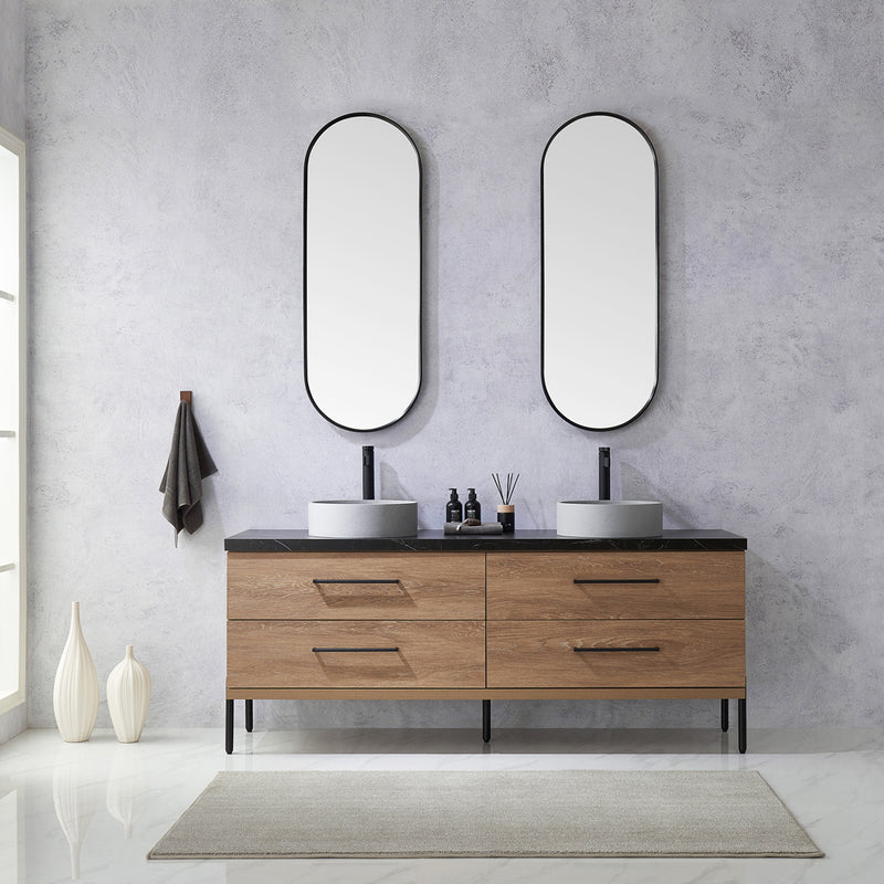 Trento 72" Double Sink-C Bath Vanity in North American Oak with Black Sintered Stone Top Circular Concrete Sink