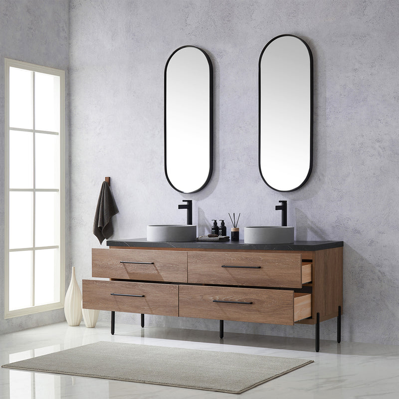 Trento 72" Double Sink-C Bath Vanity in North American Oak with Black Sintered Stone Top Circular Concrete Sink