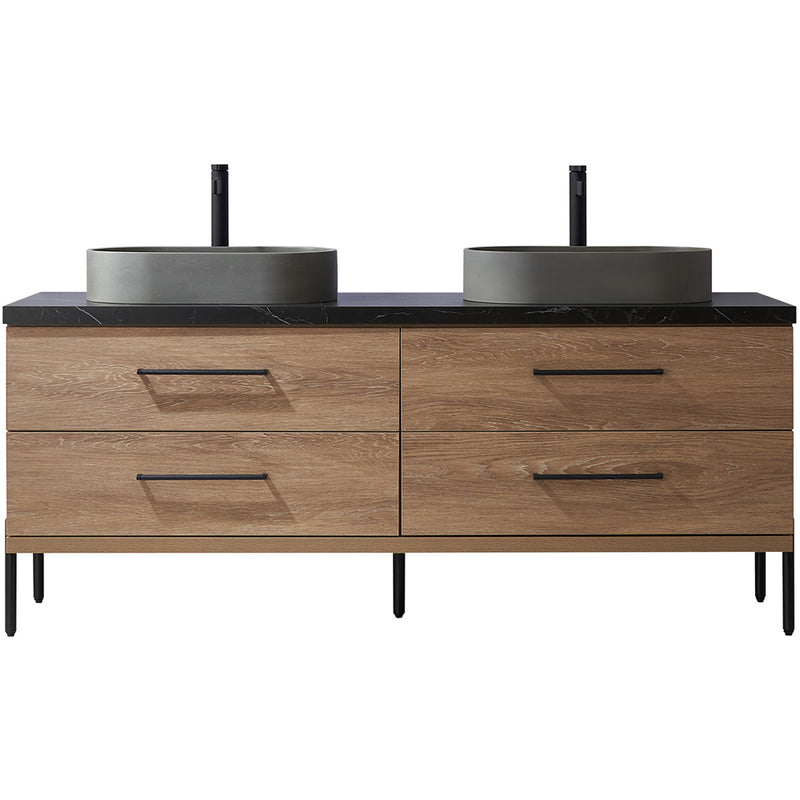 Trento 72" Double Sink-O Bath Vanity in North American Oak with Black Sintered Stone Top Oval Concrete Sink