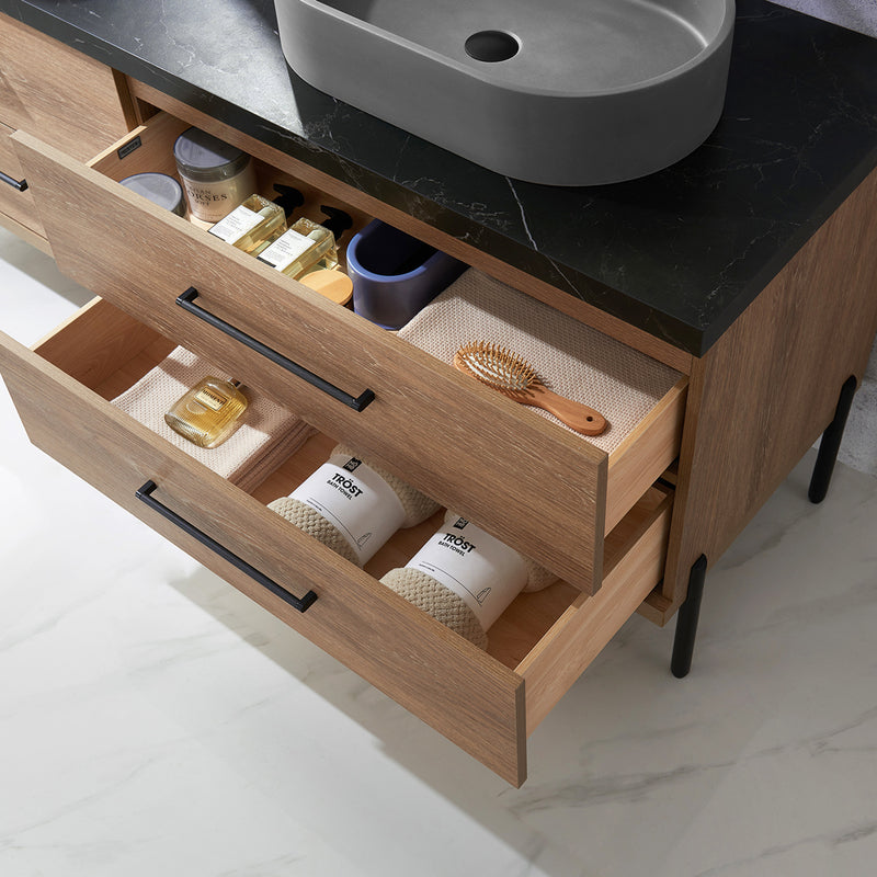 Trento 72" Double Sink-O Bath Vanity in North American Oak with Black Sintered Stone Top Oval Concrete Sink