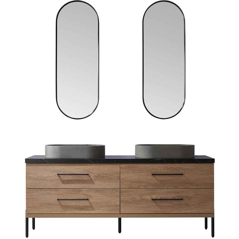 Trento 72" Double Sink-O Bath Vanity in North American Oak with Black Sintered Stone Top Oval Concrete Sink