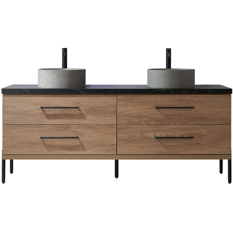 Trento 72" Double Sink-R Bath Vanity in North American Oak with Black Sintered Stone Top Circular Concrete Sink