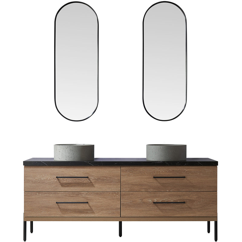 Trento 72" Double Sink-R Bath Vanity in North American Oak with Black Sintered Stone Top Circular Concrete Sink