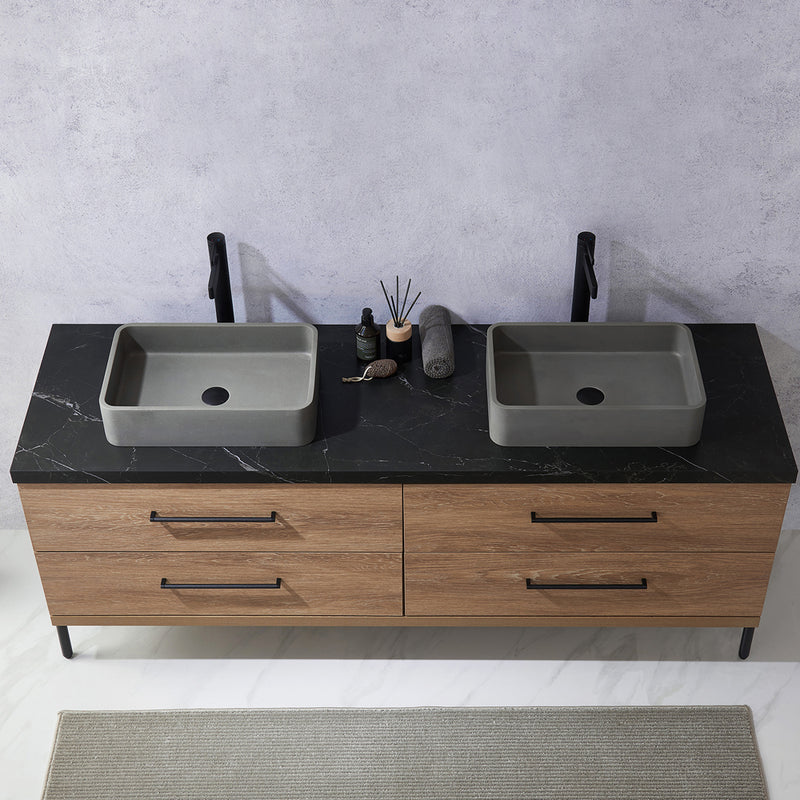 Trento 72" Double Sink-S Bath Vanity in North American Oak with Black Sintered Stone Top Rectangular Concrete Sink