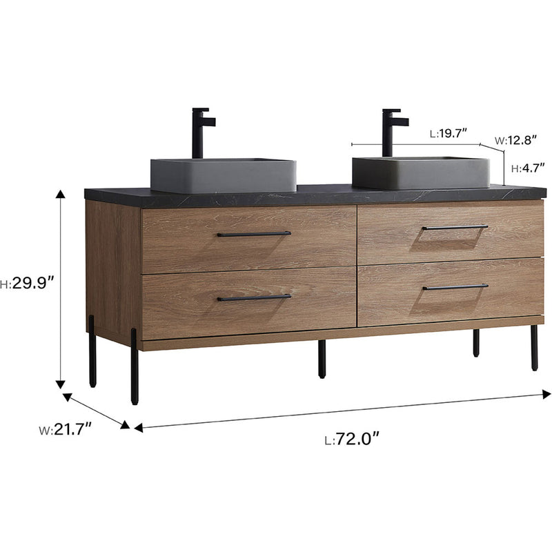 Trento 72" Double Sink-S Bath Vanity in North American Oak with Black Sintered Stone Top Rectangular Concrete Sink