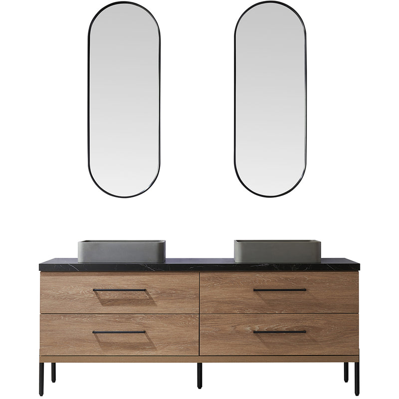 Trento 72" Double Sink-S Bath Vanity in North American Oak with Black Sintered Stone Top Rectangular Concrete Sink