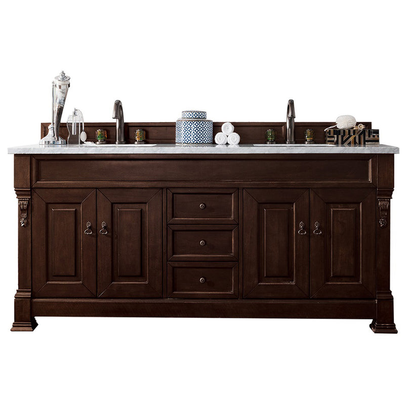 James Martin Brookfield 72" Burnished Mahogany Double Vanity with 3 cm Arctic Fall Solid Surface Top 147-114-5761-3AF