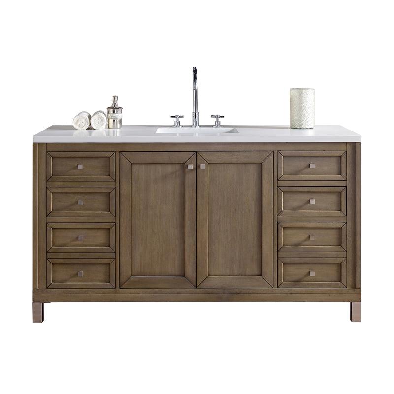 James Martin Chicago 60" Single Vanity Whitewashed Walnut with 3 cm Classic White Quartz Top 305-V60S-WWW-3CLW