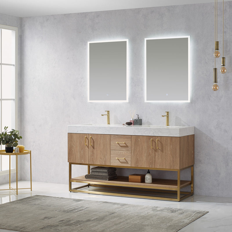 Alistair 60" Double Vanity Oak with White Grain Stone Countertop