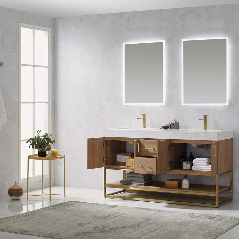 Alistair 60" Double Vanity Oak with White Grain Stone Countertop