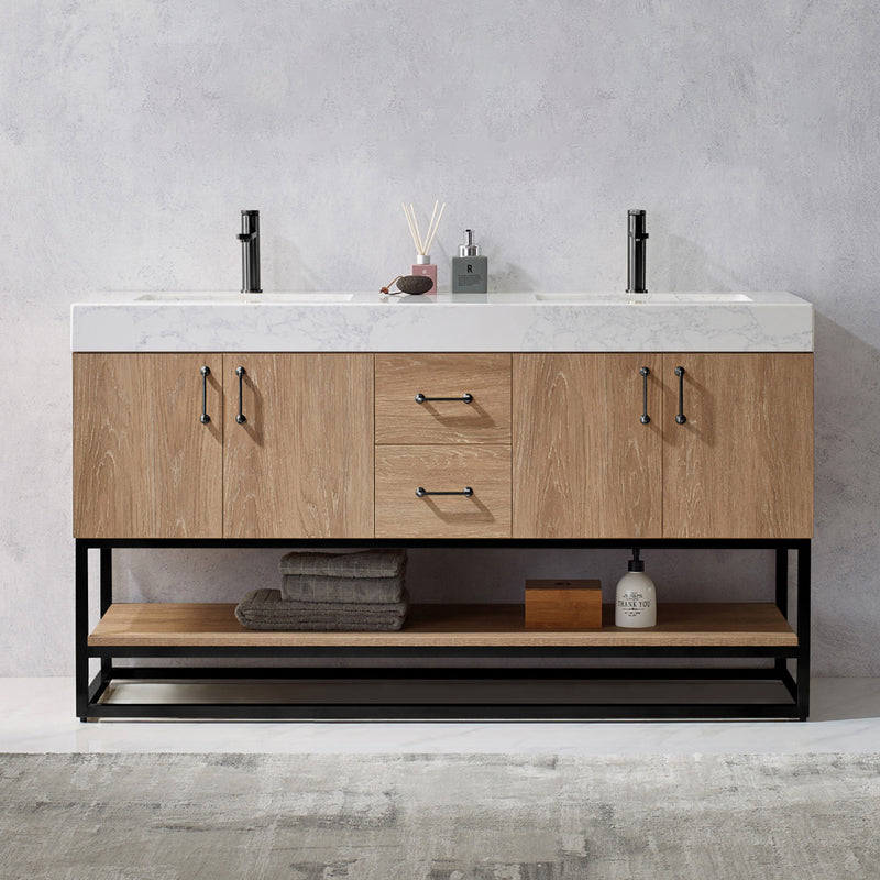 Alistair 60B" Double Vanity Oak with White Grain Stone Countertop