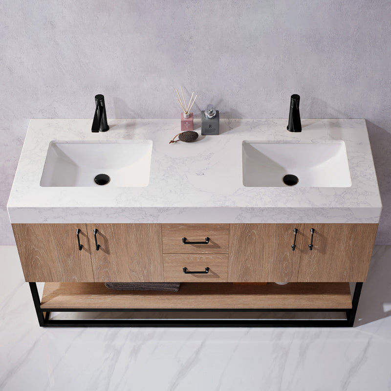 Alistair 60B" Double Vanity Oak with White Grain Stone Countertop