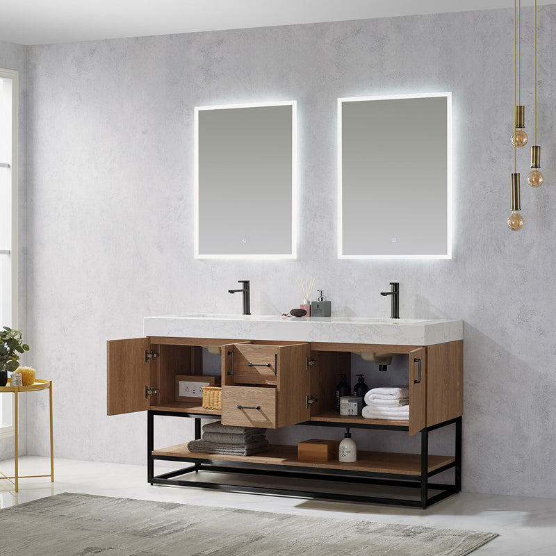 Alistair 60B" Double Vanity Oak with White Grain Stone Countertop