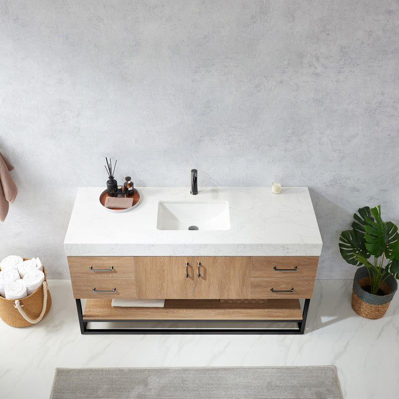 Alistair 60BS" Single Sink Bath Vanity Oak with White Grain Stone Countertop