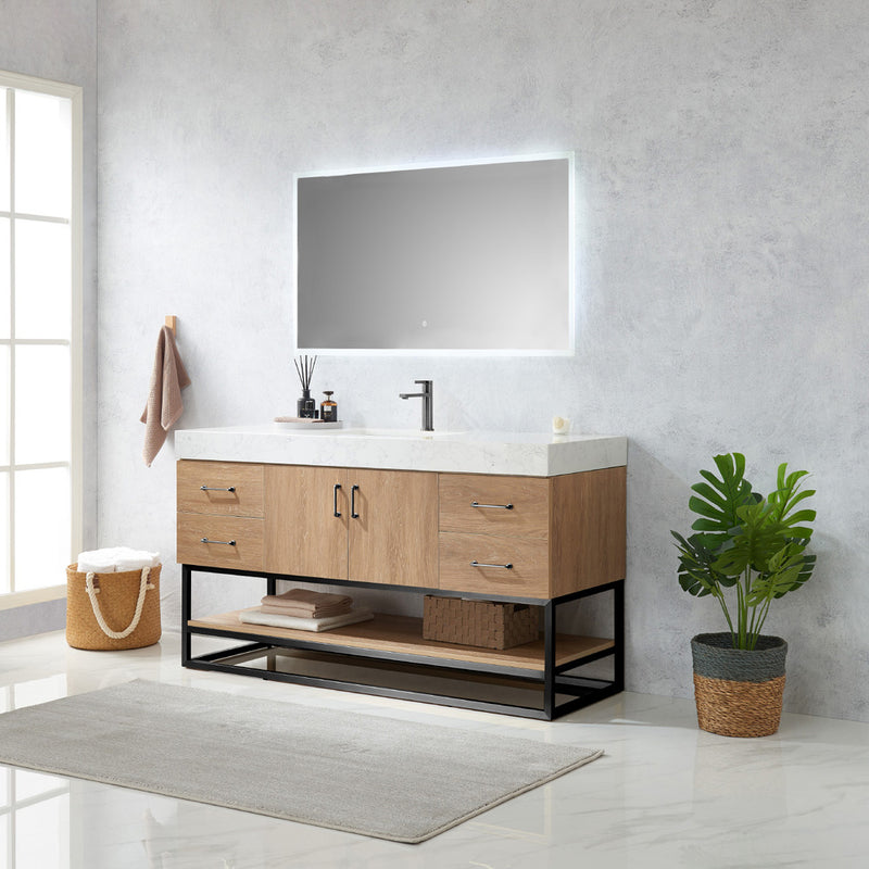 Alistair 60BS" Single Sink Bath Vanity Oak with White Grain Stone Countertop