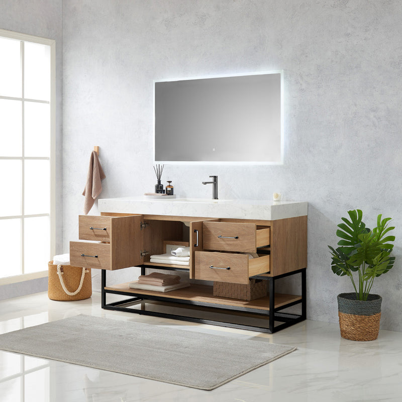 Alistair 60BS" Single Sink Bath Vanity Oak with White Grain Stone Countertop