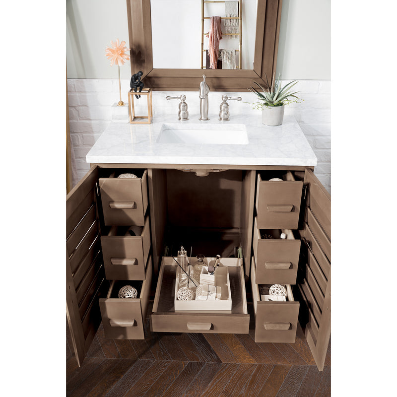 James Martin Portland 36" Single Vanity Whitewashed Walnut with 3 cm Carrara Marble Top 620-V36-WW-3CAR