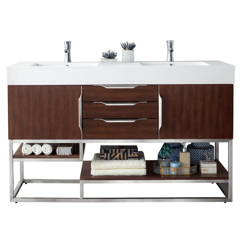 James Martin Columbia 59" Double Vanity Coffee Oak with Glossy White Composite Top 388-V59D-CFO-BN-GW