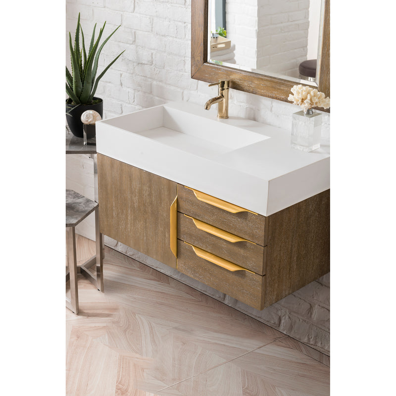 James Martin Mercer Island 36" Single Vanity Latte Oak Radiant Gold with Glossy White Composite Top 389-V36-LTO-G-GW