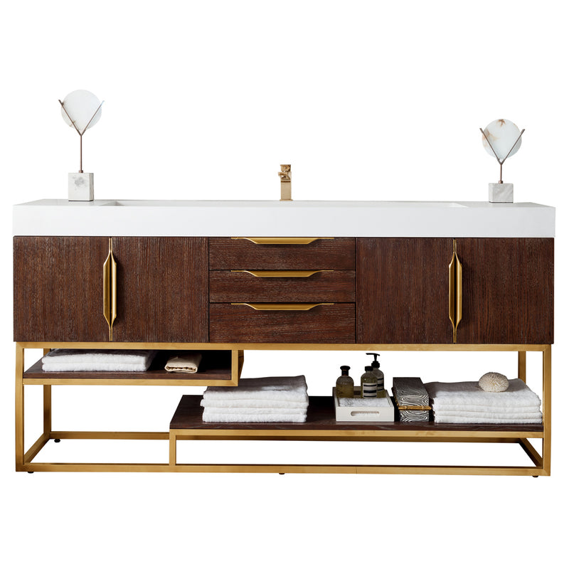 James Martin Columbia 72" Single Vanity Coffee Oak Radiant Gold with Glossy White Composite Top 388-V72S-CFO-RG-GW