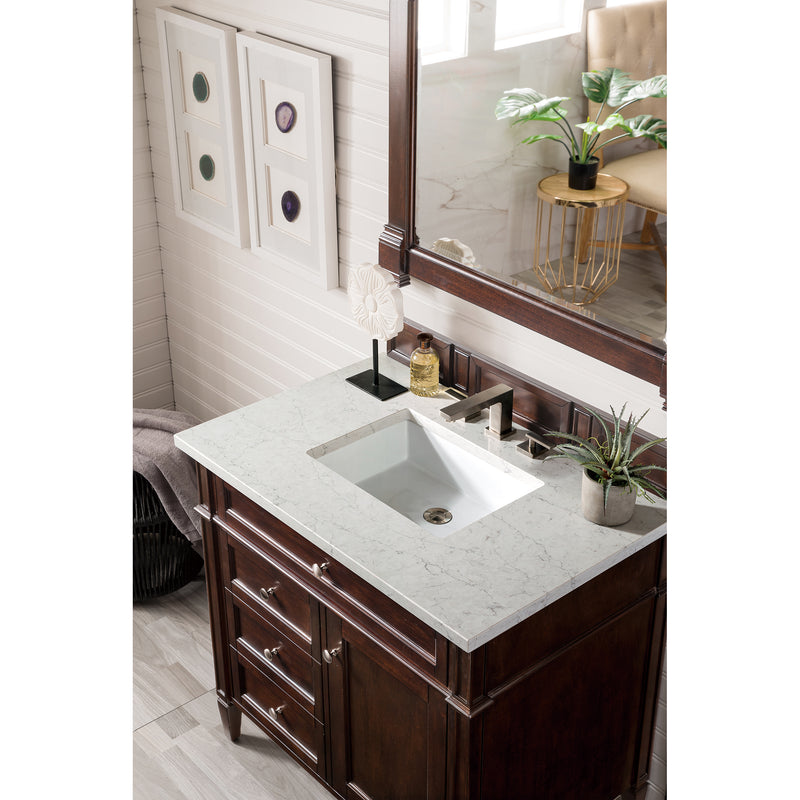 James Martin Brittany 36" Burnished Mahogany Single Vanity with 3 cm Eternal Jasmine Pearl Quartz Top 650-V36-BNM-3EJP