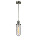 Centri Mini Pendant shown in the Brushed Satin Nickel finish with a Clear shade