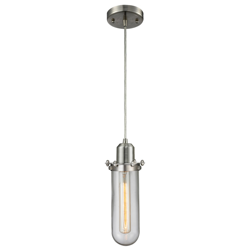 Centri Mini Pendant shown in the Brushed Satin Nickel finish with a Clear shade