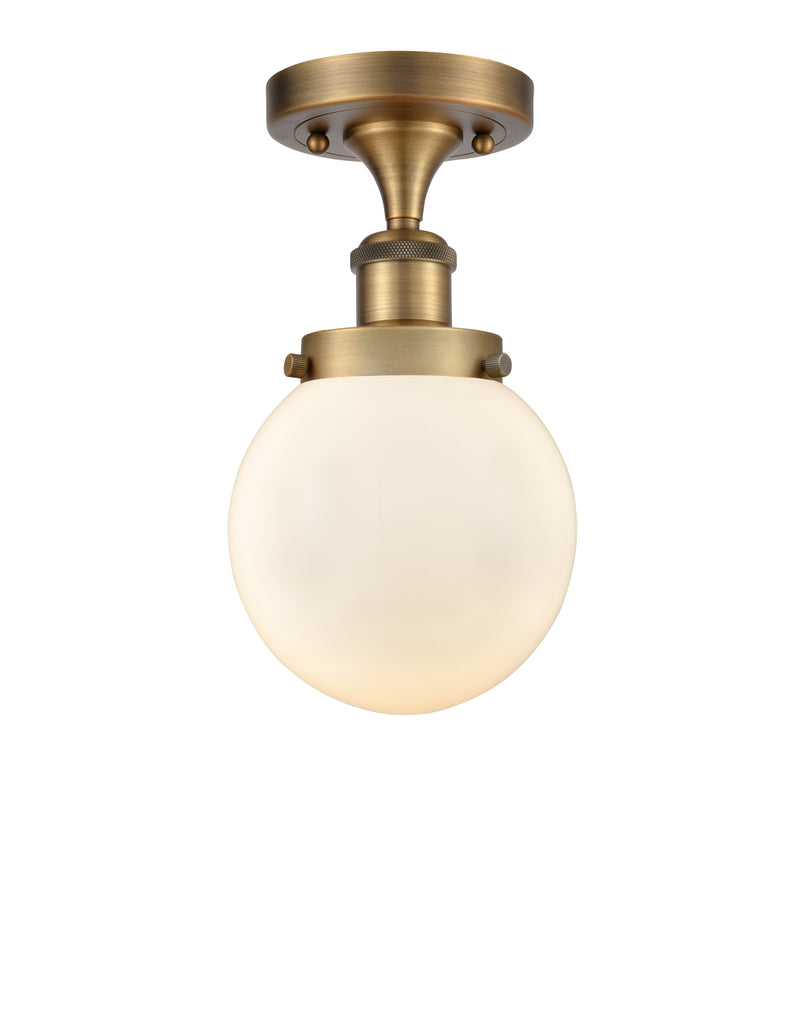 Beacon Semi-Flush Mount shown in the Brushed Brass finish with a Matte White shade