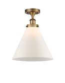 Cone Semi-Flush Mount shown in the Brushed Brass finish with a Matte White shade