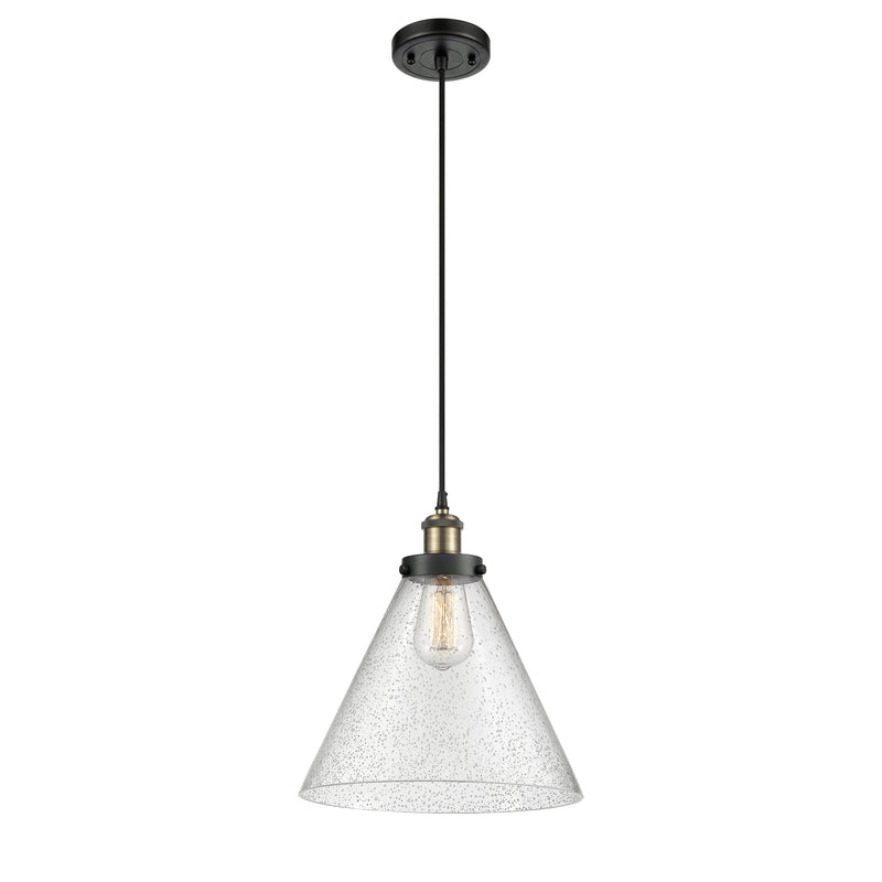 Cone Mini Pendant shown in the Black Antique Brass finish with a Seedy shade