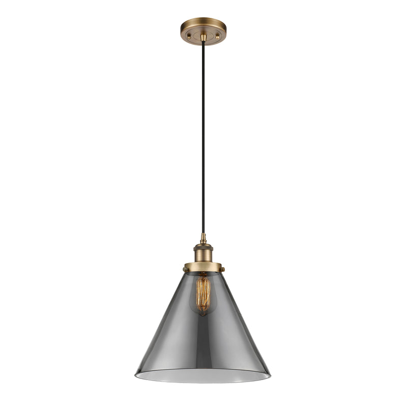 Cone Mini Pendant shown in the Brushed Brass finish with a Plated Smoke shade