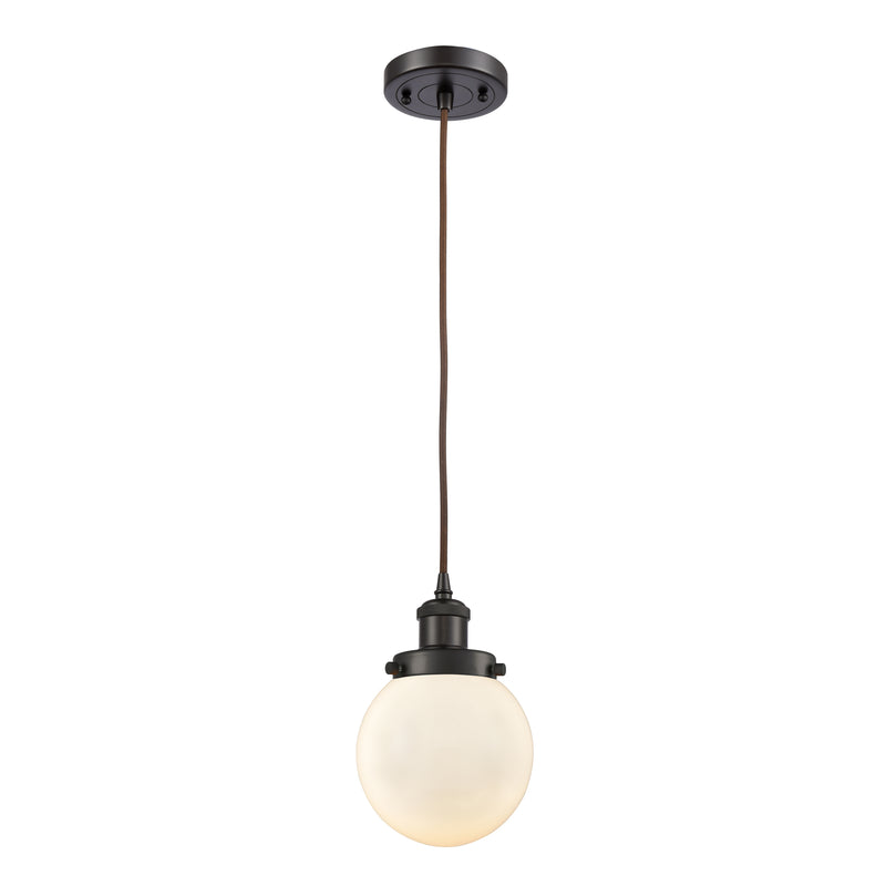 Beacon Mini Pendant shown in the Oil Rubbed Bronze finish with a Matte White shade