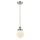 Beacon Mini Pendant shown in the Brushed Satin Nickel finish with a Matte White shade