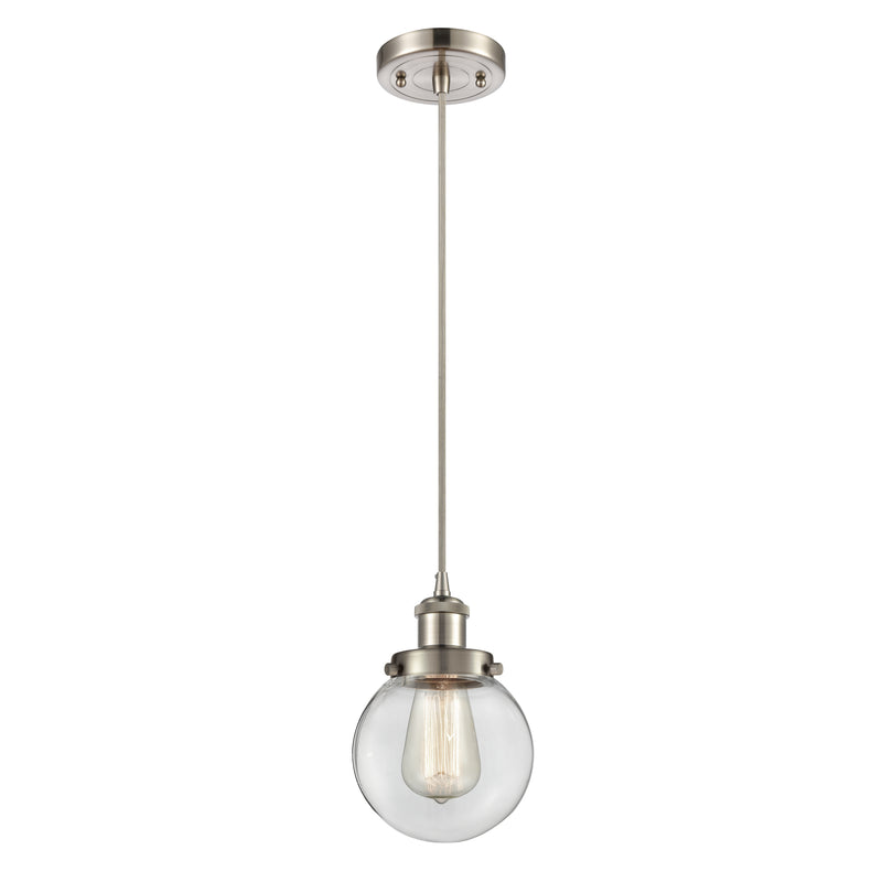 Beacon Mini Pendant shown in the Brushed Satin Nickel finish with a Clear shade