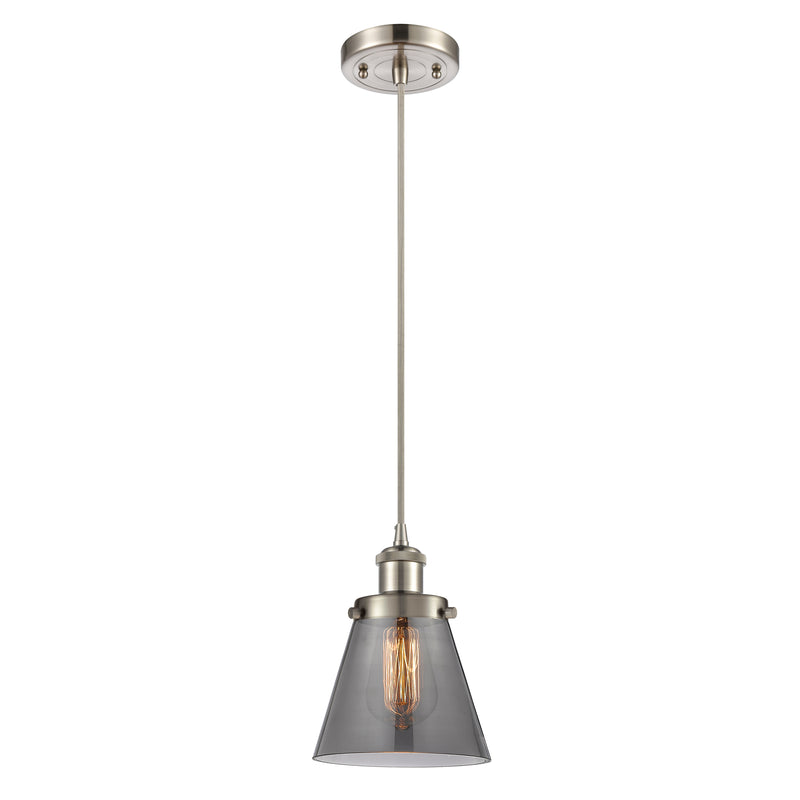 Cone Mini Pendant shown in the Brushed Satin Nickel finish with a Plated Smoke shade