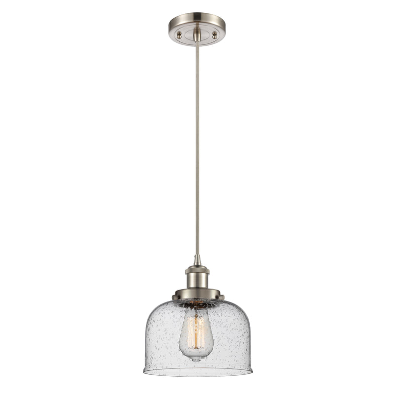 Bell Mini Pendant shown in the Brushed Satin Nickel finish with a Seedy shade