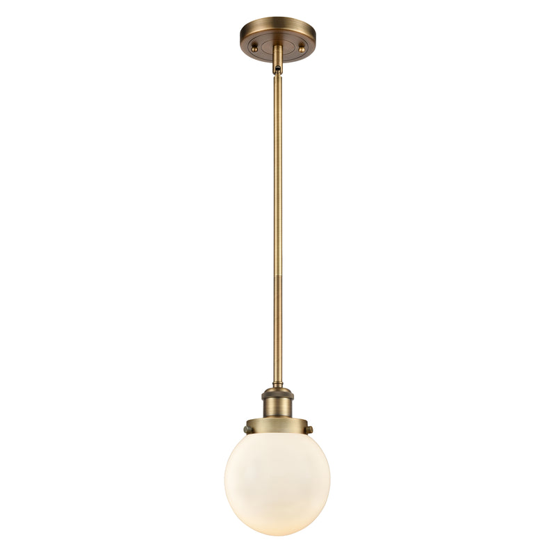 Beacon Mini Pendant shown in the Brushed Brass finish with a Matte White shade