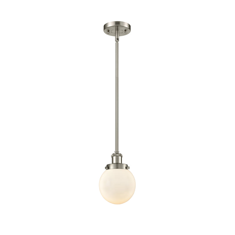 Beacon Mini Pendant shown in the Brushed Satin Nickel finish with a Matte White shade