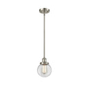 Beacon Mini Pendant shown in the Brushed Satin Nickel finish with a Clear shade