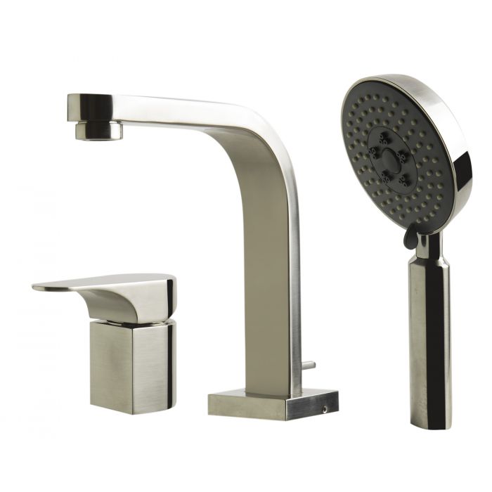 ALFI Brushed Nickel Deck Mounted Tub Filler and Round Hand Held Shower Head AB2703-BN