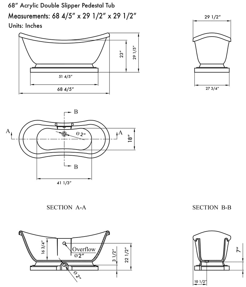 Cambridge Plumbing Acrylic Double Ended Pedestal Slipper Tub 68" x 28" No Drill BRZ Package