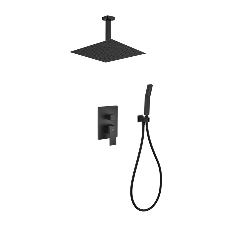 KubeBath Aqua Piazza Matte Black Shower Set with 12" Ceiling Mount Square Rain Shower and Handheld BK-CR300HH2V