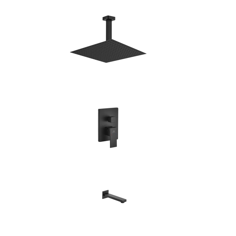 KubeBath Aqua Piazza Matte Black Shower Set with 12" Ceiling Mount Square Rain Shower and Tub Filler BK-CR300TF2V