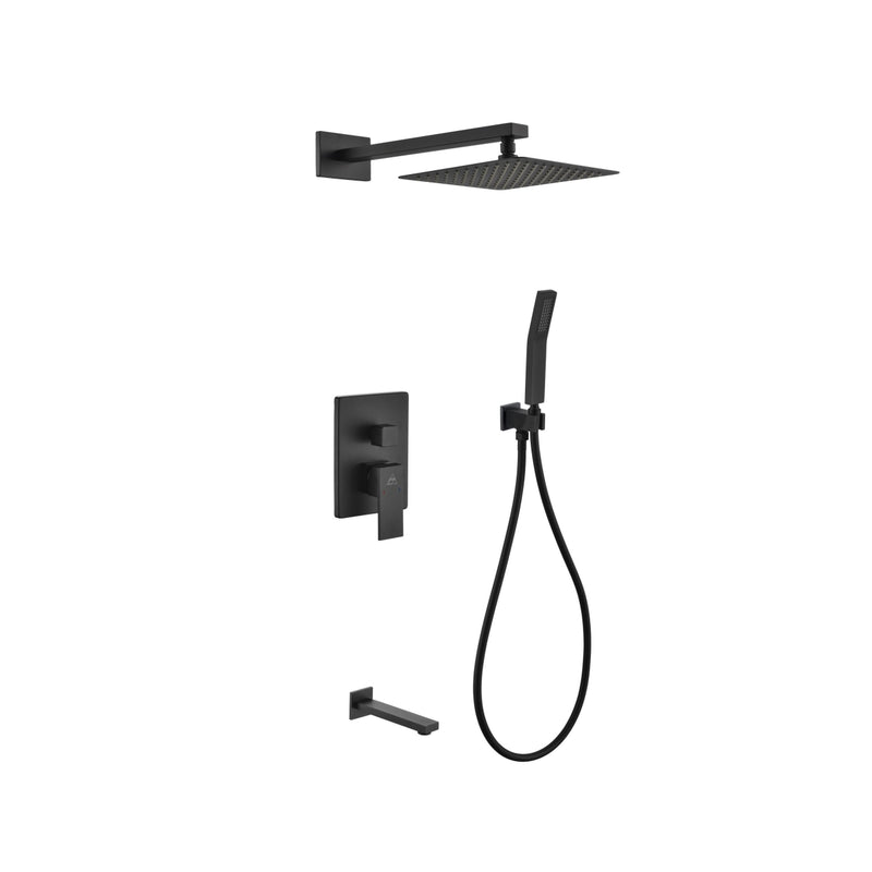 KubeBath Aqua Piazza Matte Black Shower Set with 8" Square Rain Shower Tub Filler and Handheld BK-WR200TFHH3V