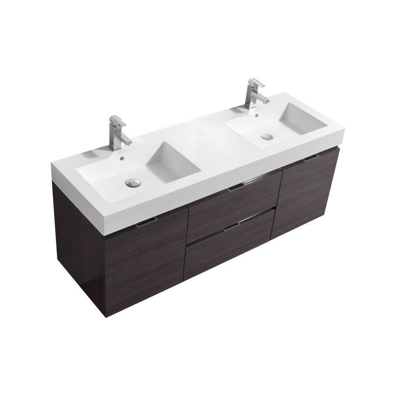 KubeBath Bliss 60" Double Sink High Gloss Gray Oak Wall Mount Modern Bathroom Vanity BSL60D-HGGO