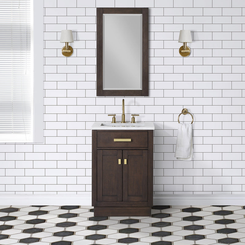 Water Creation Chestnut 24" Single Sink Carrara White Marble Countertop Vanity In Brown Oak with Mirror CH24CW06BK-R21000000