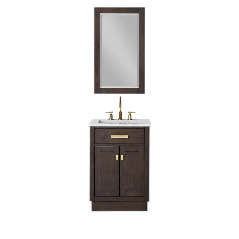 Water Creation Chestnut 24" Single Sink Carrara White Marble Countertop Vanity In Brown Oak with Grooseneck Faucet and Mirror CH24CW06BK-R21BL1406