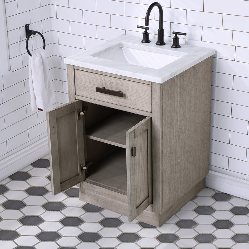 Water Creation Chestnut 24" Single Sink Carrara White Marble Countertop Vanity In Gray Oak with Mirror CH24CW03GK-R21000000